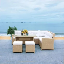 Beige Sectional Sofa Set | Luxury Terrace, Garden, and Poolside Seating with White Cushions