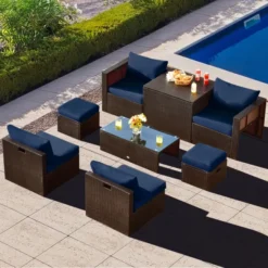 Premium Designer Dark Brown Rattan 8-Piece Sectional Sofa Set | Luxury Patio, Garden, & Poolside Seating with Navy Blue Cushions