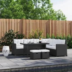 Black Modular Sectional Outdoor Sofa Set with Dining Table | Luxury Garden, Terrace, Poolside & Porch Seating with White Cushions