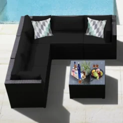 Premium Designer Dark Brown Rattan 4-Piece Outdoor Sectional Sofa Set | Luxury Patio, Porch, Garden & Balcony Seating with Black Cushions and Glass Coffee Table