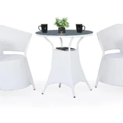 White Rattan Wicker 3-Piece Bistro Set with Powder-Coated Iron Frame & Elegant Glass Table for Patio, Garden, Balcony & Poolside
