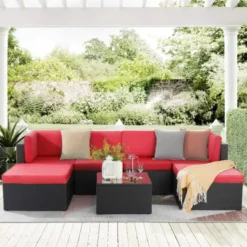 Premium Designer Black Rattan Wicker 7-Piece Outdoor Sofa Set | Luxury Patio, Garden, Poolside & Backyard Seating with Red Cushions