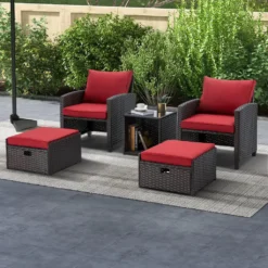 Crafttown 5-Piece Rattan Wicker Outdoor Conversation Set with Red Cushions, Powder-Coated Iron Frame, and Customizable Options for Patio, Garden, and Poolside