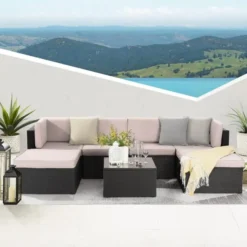 Premium Designer Black Rattan Wicker 7-Piece Outdoor Sectional Sofa Set | Luxury Patio, Garden, Poolside & Backyard Seating with Cream Cushions