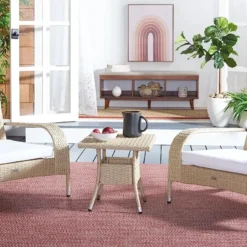 Adirondack-Style Beige Rattan Wicker Patio Chair with White Cushions & Lumbar Pillow for Outdoor Poolside, Garden & Patio