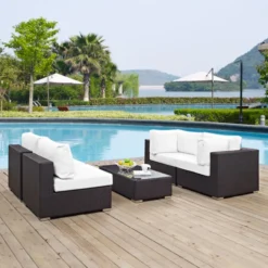 Modern Dark Brown Rattan Outdoor Sectional Set with White Cushions & Glass Coffee Table – Comfortable & Versatile
