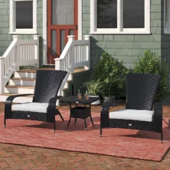 Adirondack-Style Black Rattan Wicker Patio Chair with White Cushions & Lumbar Pillow for Outdoor Poolside, Garden & Patio