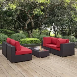 Modern Dark Brown Rattan Outdoor Sectional Set with Red Cushions & Glass Coffee Table – Comfortable & Versatile
