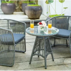 Crafttown 3-Piece Outdoor Bistro Set - Grey Rope Chairs with Cushions, Powder Coated Iron Frame, Glass Top Table, Waterproof Cushions