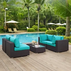 Modern Dark Brown Rattan Outdoor Sectional Set with Turquoise Blue Cushions & Glass Coffee Table – Comfortable & Versatile