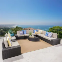 Dark Brown Wicker L-Shaped Outdoor Sectional Sofa Set | Luxury Patio, Garden & Poolside Seating with Cream Cushions