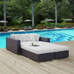 Dark Brown Wicker Outdoor Sofa Set | Luxury Garden, Patio & Poolside Seating with White Cushions