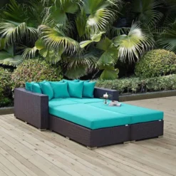 Dark Brown Wicker Outdoor Sofa Set | Luxury Garden, Patio & Poolside Seating with Turquoise Blue Cushions