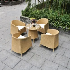 Beige Rattan Bistro Set | Luxury Patio, Garden & Poolside Dining with White Cushions