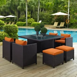 Dark Brown Wicker Outdoor Dining Set | Luxury Patio, Garden & Poolside Seating with Orange Cushions