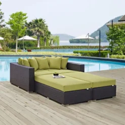 Dark Brown Wicker Outdoor Sofa Set | Luxury Garden, Patio & Poolside Seating with Green Cushions