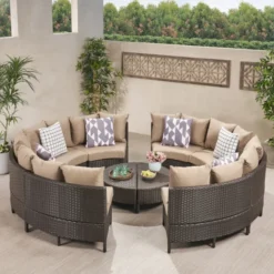 Dark Brown Circular Modular Outdoor Sofa Set | Luxury Garden, Backyard, Patio & Terrace Seating with Dark Cream Cushions