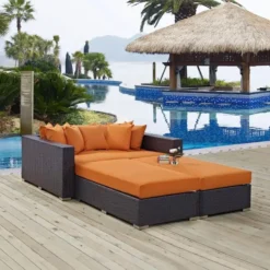 Dark Brown Wicker Outdoor Sofa Set | Luxury Garden, Patio & Poolside Seating with Orange Cushions