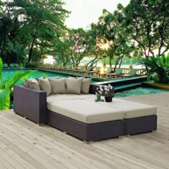 Dark Brown Wicker Outdoor Sofa Set | Luxury Garden, Patio & Poolside Seating with Beige Cushions