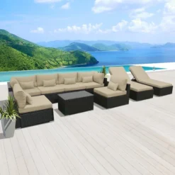 Black Wicker Outdoor Sofa Set | Luxury Terrace, Garden, Patio & Poolside Seating with Cream Cushions
