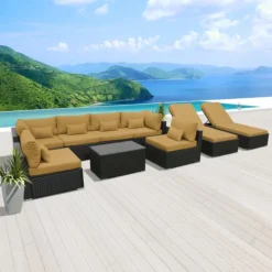 Black Rattan Wicker Outdoor Sofa Set | Luxury Garden, Terrace, Poolside & Patio Seating with Beige Cushions