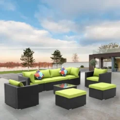 Black Wicker Outdoor Sofa Set | Luxury Garden, Patio, Poolside & Porch Seating with Light Green Cushions & Center Table