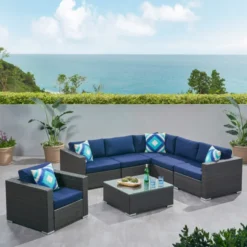 Premium Designer Dark Brown Rattan 5-Piece Outdoor Sofa Set | Luxury Patio, Garden & Balcony Lounge with Navy Blue Cushions & Glass Table