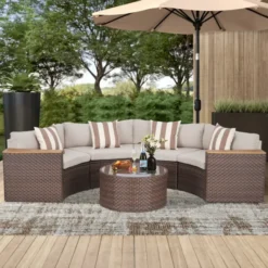 Crafttown Half Moon 4-Seater Outdoor Sectional Sofa Set with Overlapping Table – Dark Brown Wicker, Cream Cushions, Modular Design, Weather-Resistant for Patio or Garden