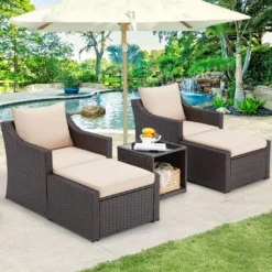 Crafttown 5-Piece Dark Brown Rattan Wicker Patio Set with Cream Waterproof Cushions, Powder-Coated Iron Frame, Ottoman, and Center Table for Garden, Balcony & Outdoor Spaces