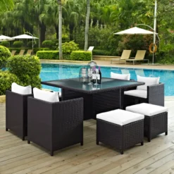 Dark Brown Rattan Dining Set | Luxury Patio, Garden & Poolside Seating with White Cushions