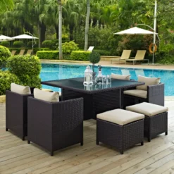 Dark Brown Rattan Dining Set | Luxury Patio, Garden & Poolside Seating with Cream Cushions