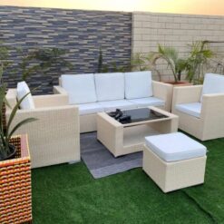 Premium Designer Beige Rattan 5-Piece Outdoor Patio Set | Luxury Garden, Balcony & Poolside Lounge with Off-White Cushions & Glass Table