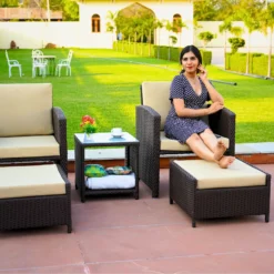 Crafttown 5-Piece Luxury Rattan Patio Furniture Set with Cushions, Coffee Table & Ottoman Storage – Dark Brown, Waterproof Cushions, Powder-Coated Iron Frame