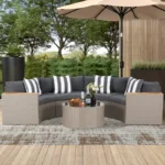 Crafttown Half Moon 4-Seater Outdoor Sectional Sofa Set with Overlapping Table – Dark Brown Wicker, Black Cushions, Modular Design, Waterproof for Patio or Garden