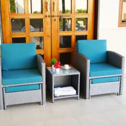 Crafttown 5-Piece All-Weather Patio Furniture Set with Glass-Top Storage Table, Ottomans & Sky-Blue Cushions – Silver Grey, Rattan Wicker, Powder-Coated Iron Frame