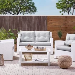 Premium Designer White Rattan Outdoor Sofa Set | Luxury Garden, Balcony, Terrace & Poolside Seating with Light Grey Cushions