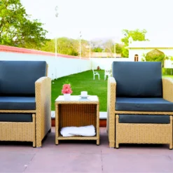 Crafttown 5-Piece Beige Rattan Patio Furniture Set with Dark Grey Cushions, Space-Saving Ottoman & Glass Coffee Table – All-Weather Durable