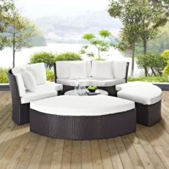 Wicker Outdoor Patio Round Daybed With Coffee Table(Dark Brown & White)
