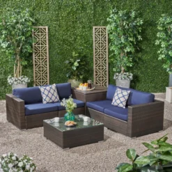 Crafttown Modular 4-Piece Outdoor Sectional Sofa Set with Glass Coffee Table – Navy Blue Cushions, Weather-Resistant Wicker, Ideal for Patio or Garden