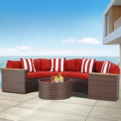 Crafttown Half Moon Outdoor Sectional Sofa Set with Free Overlapping Table – Red Cushions, Weather-Resistant Wicker, Modular Design for Patio or Garden