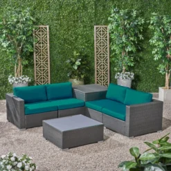 Crafttown Modular 4-Piece Outdoor Sectional Sofa Set with Glass Coffee Table – Green Cushions, Weather-Resistant Wicker, Perfect for Patio or Garden