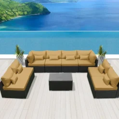 Black Wicker Outdoor Sofa Set | Luxury Terrace, Garden, Poolside & Patio Seating with Beige Cushions