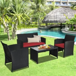 Crafttown 4-Piece Rattan Sofa Set – Black, Red Cushions, Stylish & Comfortable Outdoor Furniture
