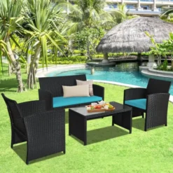 Weather-Resistant 4-Piece Black Rattan Sofa Set with Turquoise Cushions – Stylish & Durable for Outdoor/Indoor Use