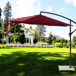 9 Ft Outdoor Offset Cantilever Patio Umbrella with Marble Base & Crank Handle for Backyard(Red)