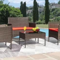 Crafttown 4-Piece Wicker Patio Set – Dark Brown, Red Cushions, Durable & Comfortable for All Occasions