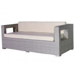 Crafttown 3-Seater Wicker Sofa with Cream Waterproof Cushions, Silver-Grey Rattan Frame & Powder-Coated Iron for Patios, Gardens & Balconies