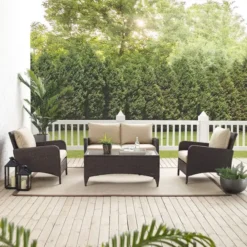 Crafttown 4-Piece Rattan Wicker Sofa Set – Dark Brown, Cream Cushions, Stylish & Comfortable Outdoor Furniture