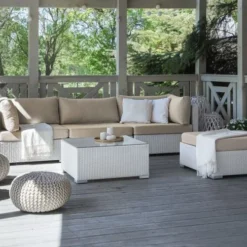 Durable White Rattan 3-Piece Outdoor Sofa Set with Cream Cushions & Glass Coffee Table – Comfortable & Easy Maintenance