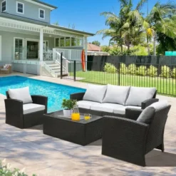 Premium Designer Black Rattan 4-Piece Outdoor Wicker Sofa Set | Luxury Patio, Garden & Balcony Seating with Grey Cushions & Glass Coffee Table